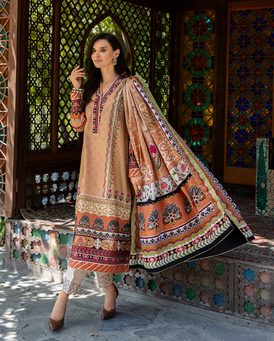 Mushq Solara Crest dress – embroidered luxury outfit from Nirvana Echoes Serenity, available online at Highway Fashion Pakistan