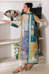 Woman wearing a colorful traditional outfit with a white shelf and decorative items in the background