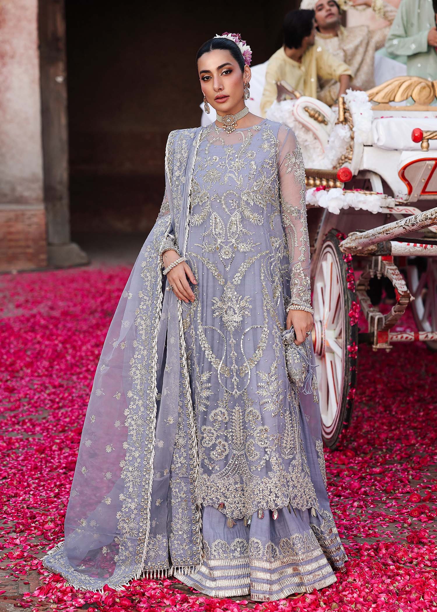 Sardinia TABEER bridal outfit from Veere Di Wedding Brides Edit ’25 in periwinkle, featuring embroidered organza shirt, organza dupatta, and raw silk trouser.
