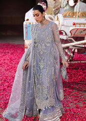 Sardinia TABEER bridal outfit from Veere Di Wedding Brides Edit ’25 in periwinkle, featuring embroidered organza shirt, organza dupatta, and raw silk trouser.