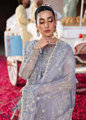 Sardinia TABEER bridal outfit from Veere Di Wedding Brides Edit ’25 in periwinkle, featuring embroidered organza shirt, organza dupatta, and raw silk trouser.