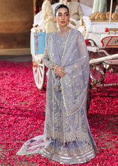 Sardinia TABEER bridal outfit from Veere Di Wedding Brides Edit ’25 in periwinkle, featuring embroidered organza shirt, organza dupatta, and raw silk trouser.