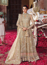 Sardinia SAHIBA bridal dress from Veere Di Wedding Brides Edit ’25 in skin/golden, featuring organza shirt, organza dupatta, and raw silk trouser with hand embroidery.