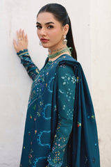 Woman wearing a teal embroidered outfit with a matching dupatta against a white background
