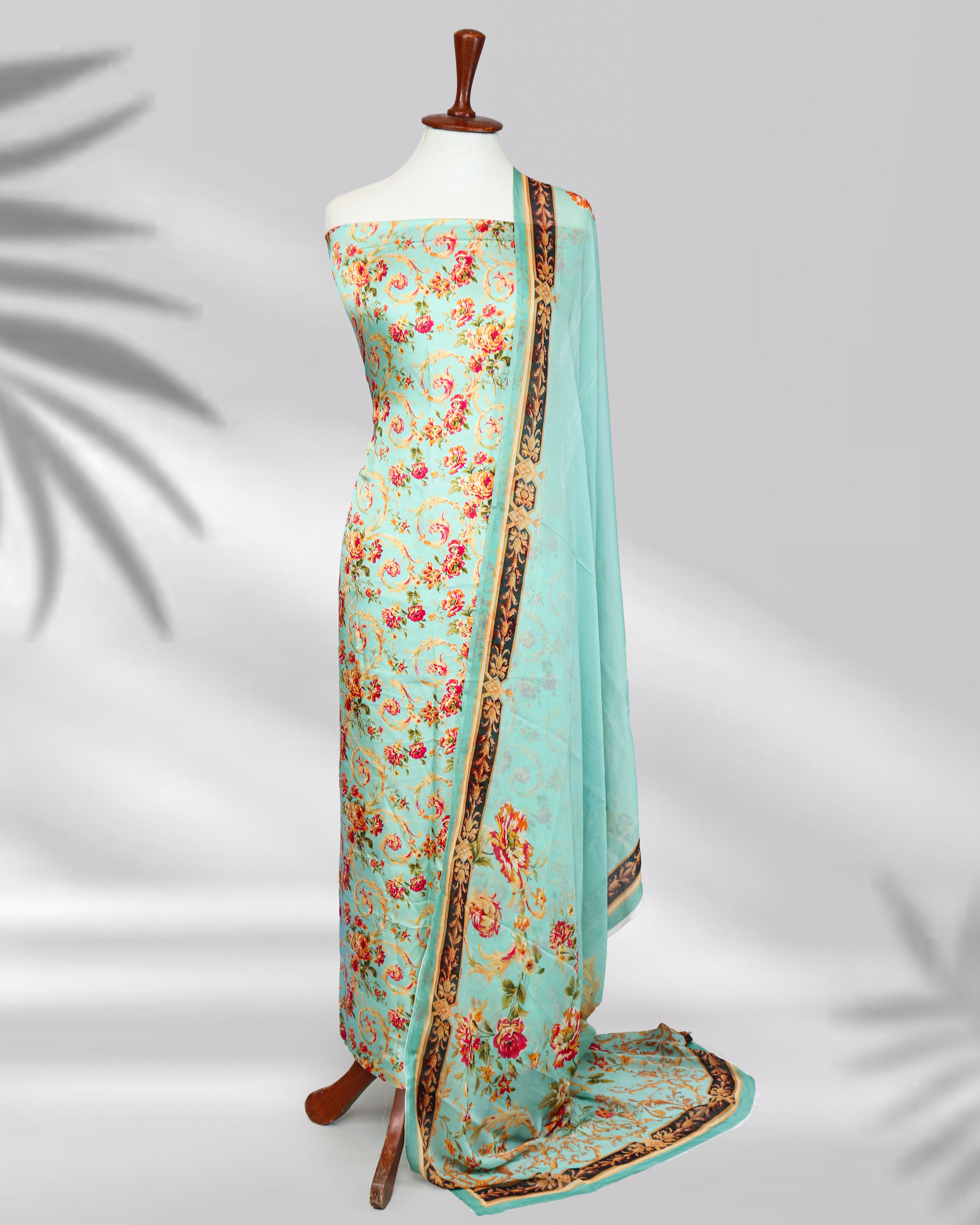 Eshaal green silk printed dress with chiffon dupatta – Highway Fashion