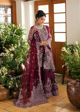 Kanwal Malik Maahi Festive 2025 Safiya in plum – hand-embellished organza shirt, embroidered dupatta, and trouser, available at Highway Fashion