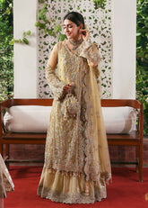 Kanwal Malik Maahi Festive 2025 Rukhsaar in champagne – hand-embellished net shirt with cutwork neckline, embroidered dupatta, and tissue inner, available at Highway Fashion