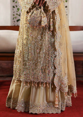 Kanwal Malik Maahi Festive 2025 Rukhsaar in champagne – hand-embellished net shirt with cutwork neckline, embroidered dupatta, and tissue inner, available at Highway Fashion