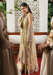 Kanwal Malik Maahi Festive 2025 Rukhsaar in champagne – hand-embellished net shirt with cutwork neckline, embroidered dupatta, and tissue inner, available at Highway Fashion