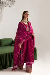 Shahnaz velvet ensemble by Emaan Adeel in rich maroon shade