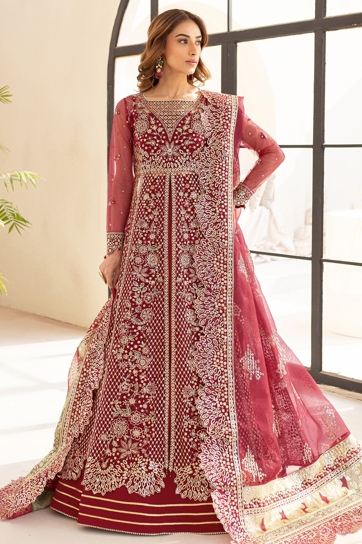 Farasha Premium Formals 2025 – Carmine Allure with organza borders and dupatta
