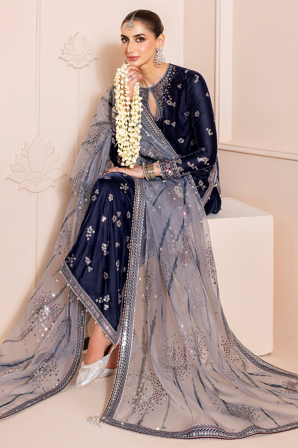 Jazmin Velvet Formal Embroidered D-03 navy velvet 3-piece embroidered formal suit – Highway Fashion.