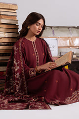 Woven Elegance — maroon khaddar embroidered 3PC suit by Cross Stitch. ❤️