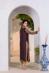 Back design of Plum Royale formal dress showing detailed embroidery