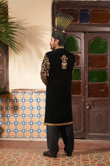 Back detail of Zar-e-Siyah sherwani with traditional royal motifs