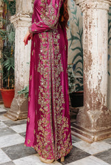 Chiffon and raw silk fabric details on Gul-Rukh magenta bridal dress