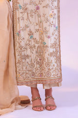 Close-up of embroidery, pastel florals, and crystal embellishments on Ivory Blossom dress.