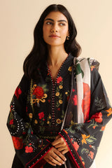 Closeup of black and red floral print on Nyra-5A