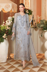 Maria B Chiffon | 3 Piece Embroidered Chiffon Suit MPC-26-206-Muted Blue