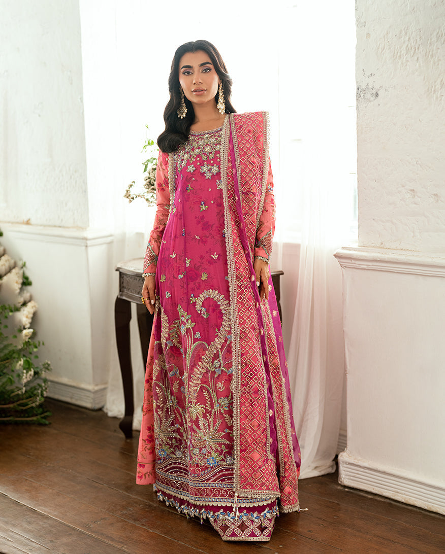 Pakistani formal chiffon outfit by Mushq in magenta – perfect wedding wear
