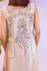 Detailed view of sequin border on dupatta paired with Ivory Blossom dress.