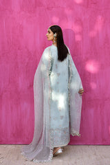 Emaan Adeel CEALINA front view with embroidered organza and raw silk trouser