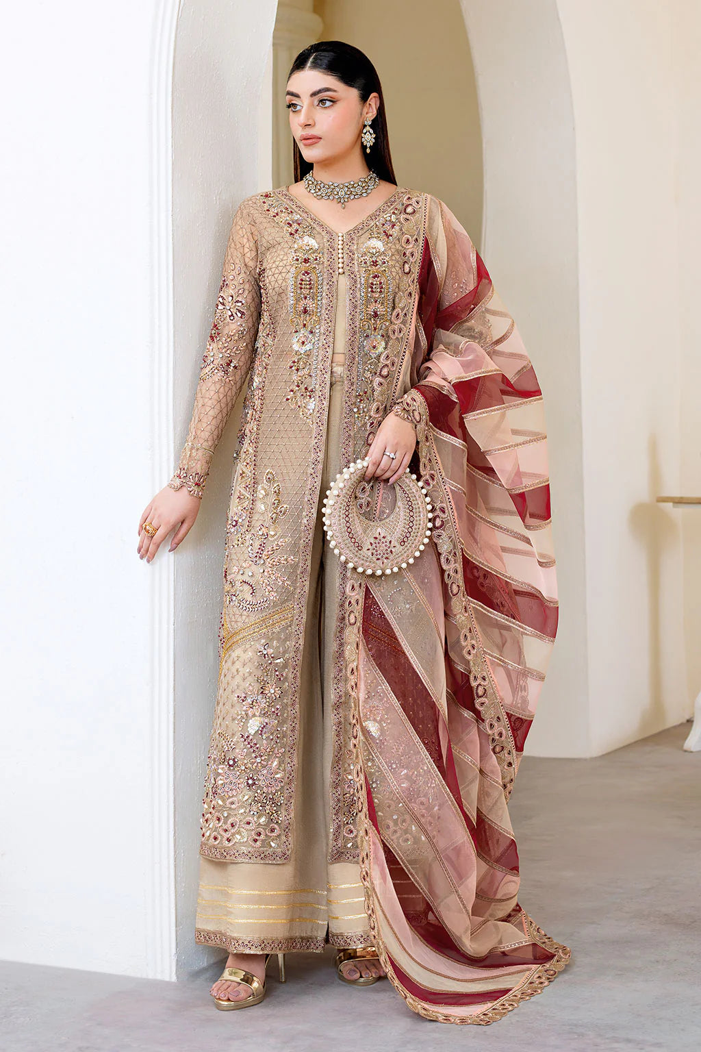 Embroidered and hand embellished organza front of Ramsha H-508