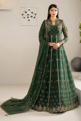 Embroidered chiffon front yoke of Alizeh Elza emerald green dress