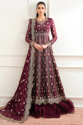 Farasha Maroon Empress dress with organza borders and raw silk trouser