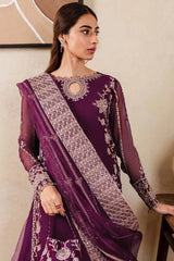 Farasha Plum Affair outfit with embroidered organza dupatta and silk trouser
