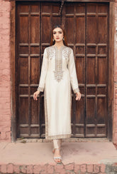 Front view of Abeer-E-Sahar cream bridal dress in 60 gram raw silk with dabka work