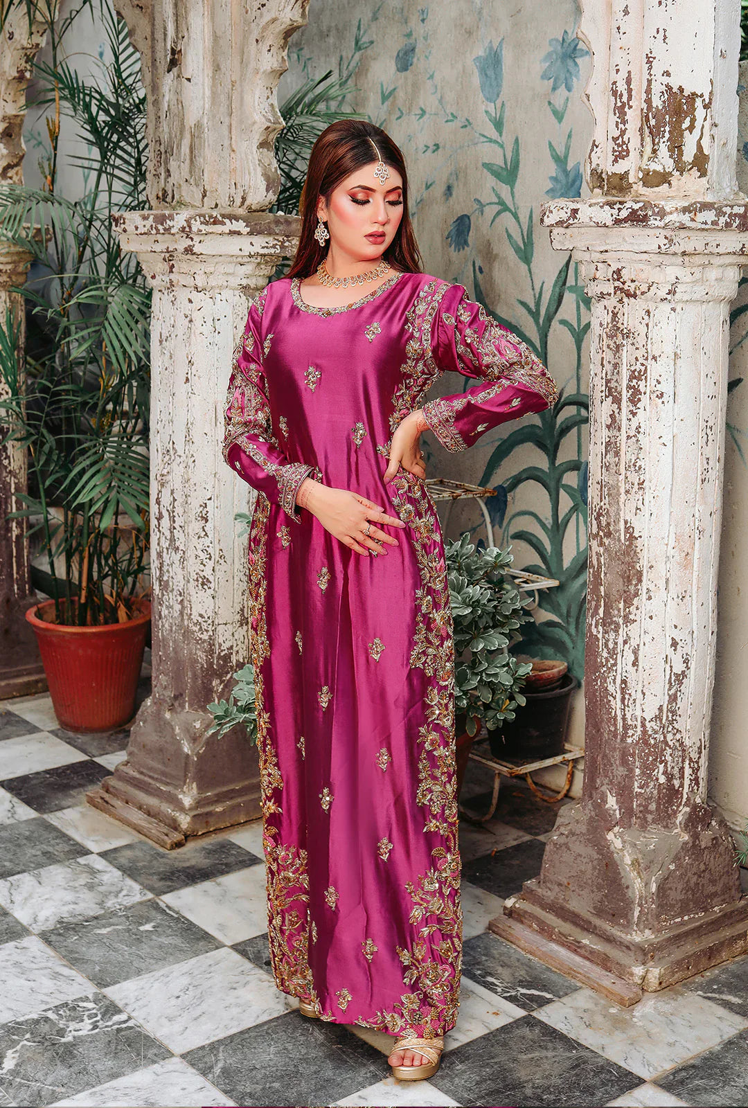 Front view of Gul-Rukh magenta bridal dress in raw silk with dabka and nakshi work