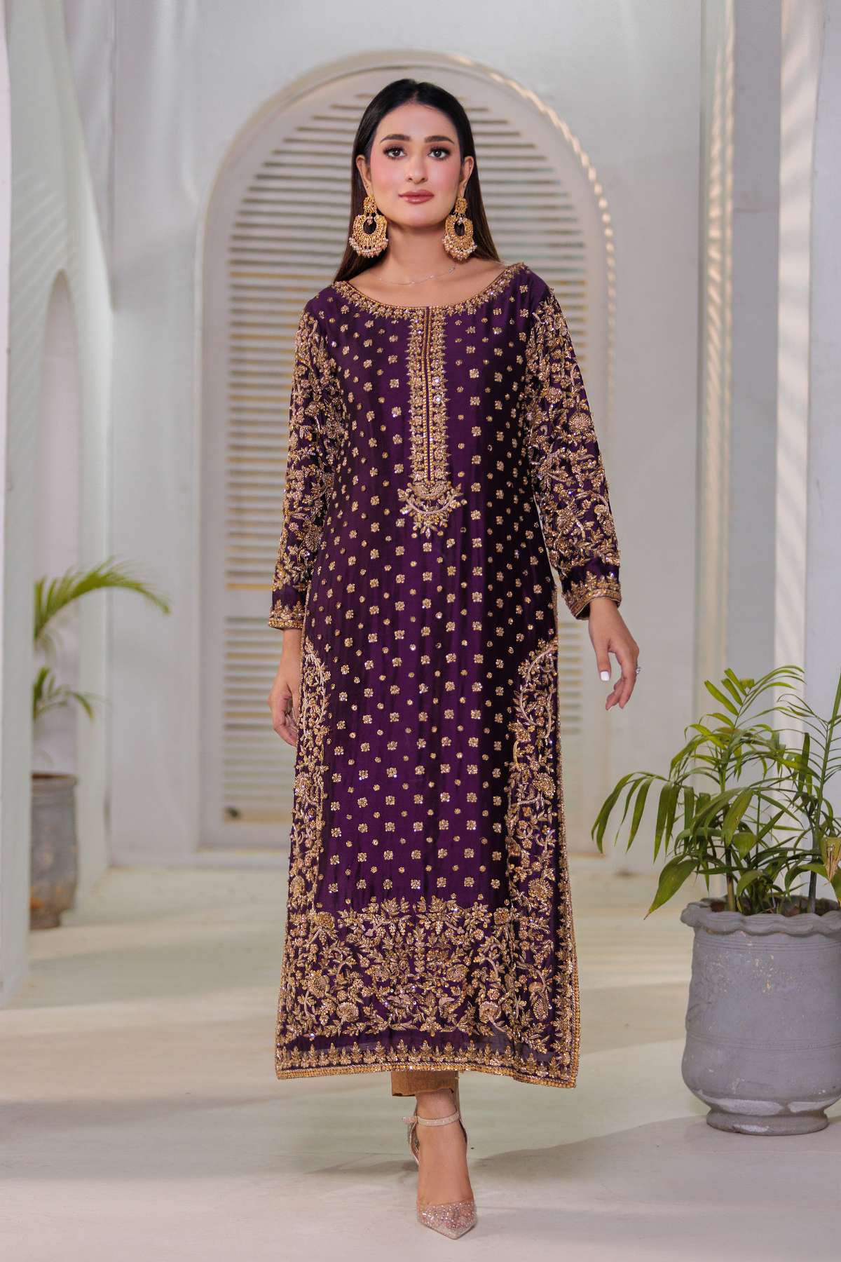 Front view of Plum Royale deep plum festive dress with golden embroidery by Bazzaz