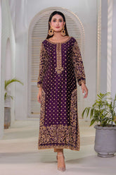 Front view of Plum Royale deep plum festive dress with golden embroidery by Bazzaz