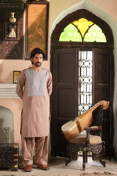 Front view of Shaan-e-Pashto black embroidered men Afghani dress