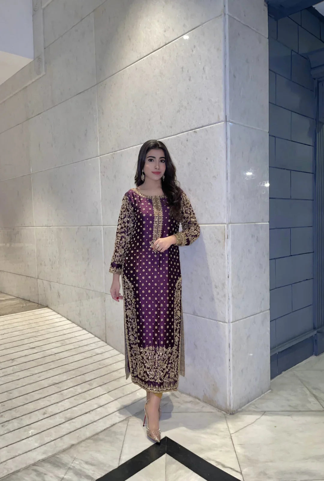 Front view of Zareen-E-Noor bridal dress made on pure tissue silk with dabka-tilla work