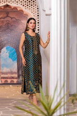 Front view of Zehra Luxe zinc festive dress with golden embroidery by Bazzaz