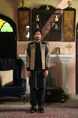 Front view of Zemarai black groom outfit from Highway Fashion Couture
