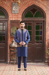 Front view of hand-embellished blue groom waistcoat by Highway Fashion Couture