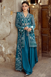 Full front view of embroidered chiffon dress by Qalamkar