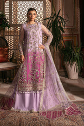 Imrozia Premium Sunehri lilac embroidered net dress front view