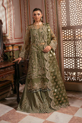 Imrozia Gulzaar mehndi green embroidered organza dress