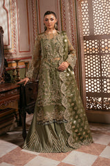 Imrozia Gulzaar mehndi green embroidered organza dress