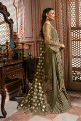 Imrozia Gulzaar mehndi green embroidered organza dress