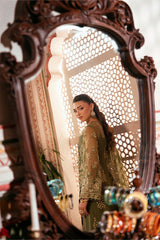 Imrozia Gulzaar mehndi green embroidered organza dress
