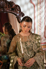 Imrozia Gulzaar mehndi green embroidered organza dress