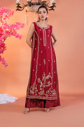 Maroon sleeveless formal dress with gold embroidery and matching palazzo pants.