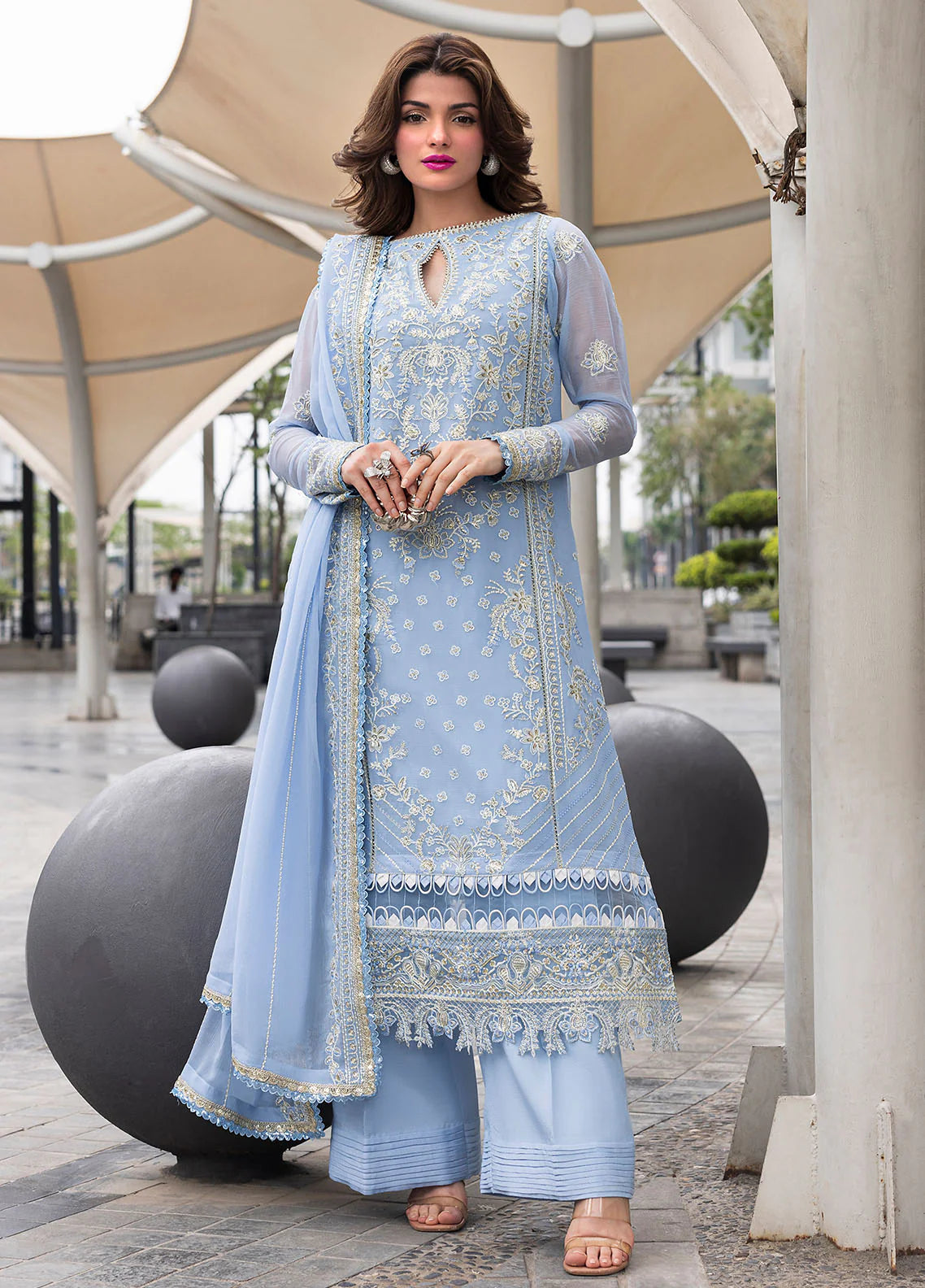 Sequins embroidered chiffon front panel of Sahane CT 25001 First Rain