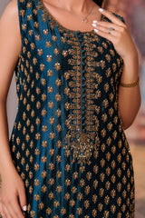 Side profile showing intricate golden embroidery on Zehra Luxe festive dress