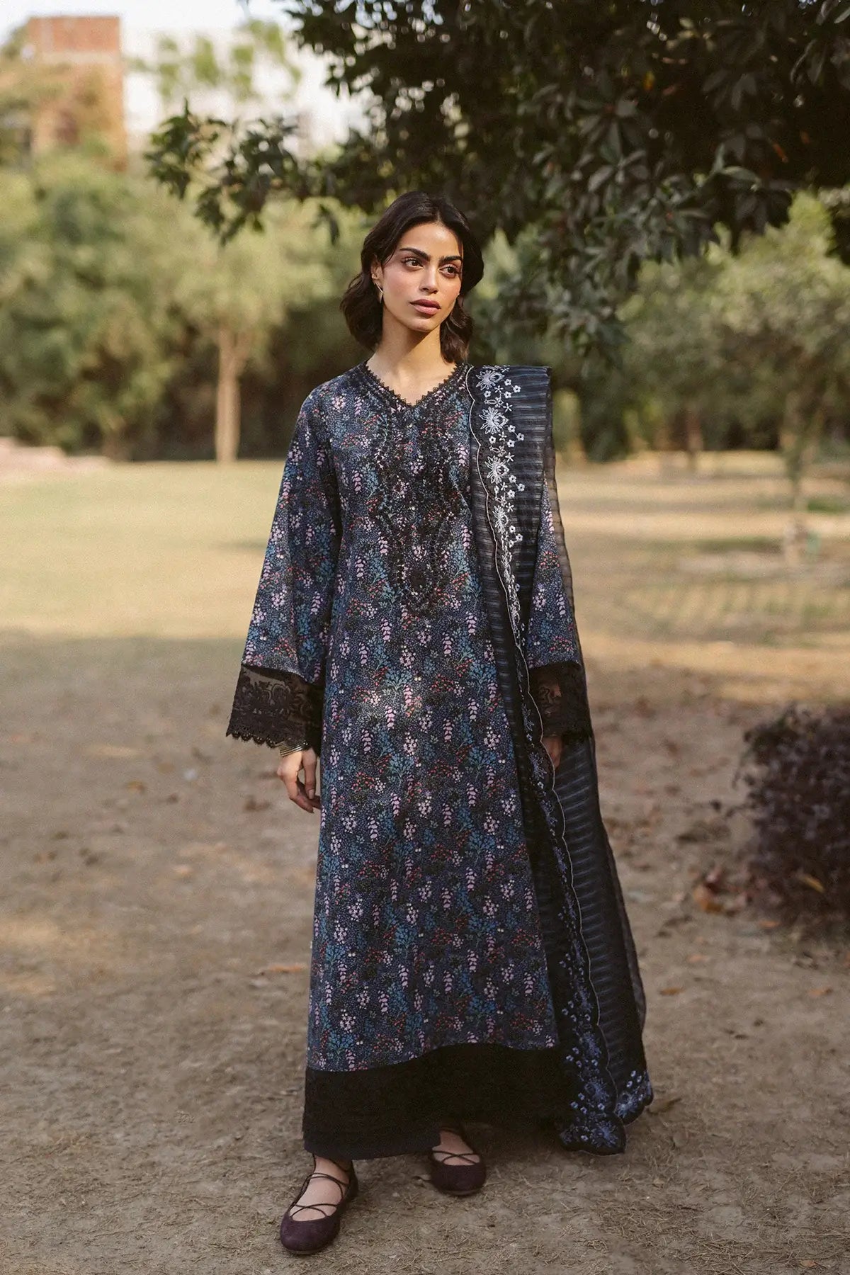 Front view of Ayzel Aziel embroidered lawn shirt